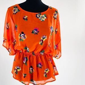 Tea n Rose Floral Sheer Top Short Dolman Sleeves